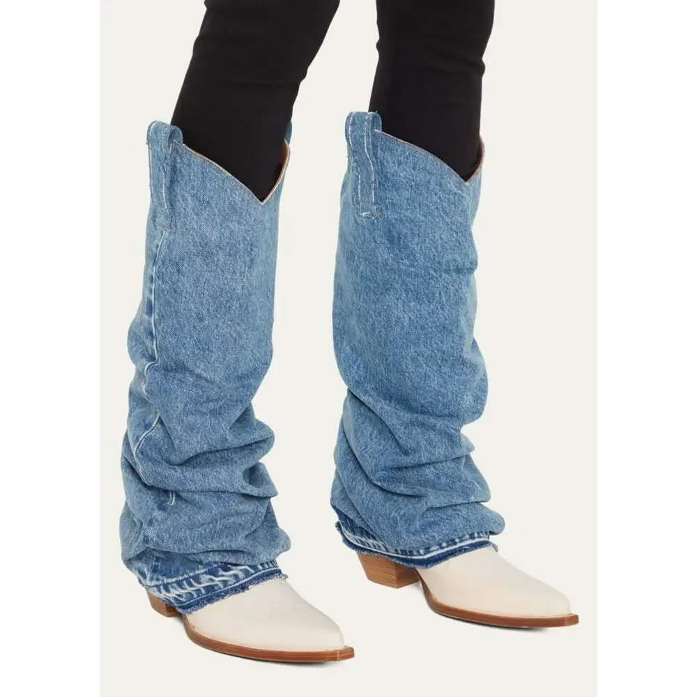 R13 Mid Cowboy Boots with Denim Sleeve Shaft Indigo Blue Ivory Size 38 NIB $1395 - Picture 14 of 16